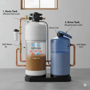 Labeled 4K illustration showing the resin tank, brine tank, and control valve of a well water softener.