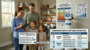 A comparison chart of common water softener sizes including 32,000 and 48,000 grain capacities.