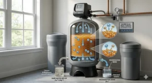 Diagram of the ion exchange process inside a 64,000-grain water softener tank removing calcium and magnesium.