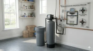 Technical illustration of a 64,000-grain water softener installation layout with a 3-valve bypass system.