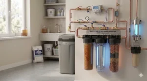 A graphic representation of the automated regeneration cycle and salt efficiency of a modern 32000 grain water softener system.