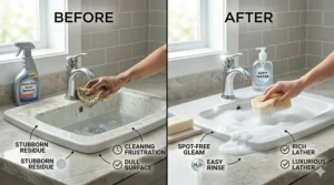 Before and after visual of a bathroom sink showing the elimination of soap scum.