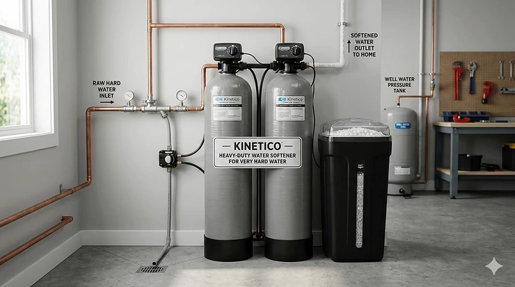 A high-capacity dual-tank water softener system installed in a home to treat very hard water. water softener for very hard water