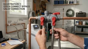 Illustration showing a quick-connect bypass valve, highlighting why it's the easiest water softener to install.