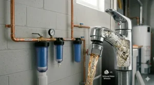 Illustration of white limescale buildup on a chrome faucet caused by hard city water.