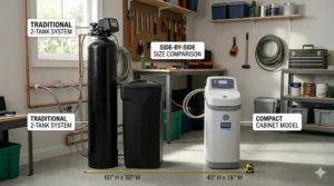 A side-by-side comparison of a bulky traditional system versus a space-saving, easy-to-install cabinet model.