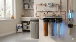 A clear diagram showing the compact dimensions and installation footprint required for a standard 32000 grain water softener unit.
