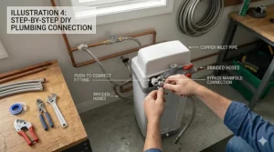 Step-by-step illustration of push-to-connect fittings used in the easiest water softener setups.