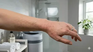 Close-up illustration of dry, cracked skin textures caused by bathing in hard water.