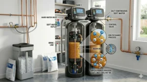 A dual-tank water softener system illustration showing how twin tanks provide 24-hour continuous soft water during regeneration cycles.