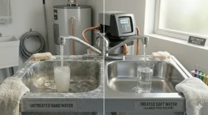 Comparison showing a cloudy glass with spots from hard water versus a crystal-clear glass from a water softener.