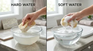 Illustration comparing how soap reacts with hard water minerals versus soft water.
