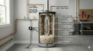 Diagram showing how mineral scale reduces the efficiency of a hot water heater.