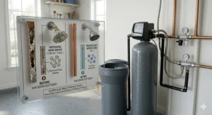 Visual comparison of pipe scale buildup versus clean pipes after using a 64,000-grain water softening system.