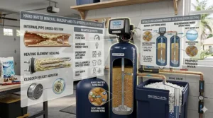 Illustration showing calcium and magnesium buildup in plumbing caused by untreated hard water.