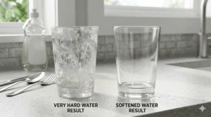 Comparison of cloudy glasses washed in very hard water versus clear glasses from a softener.