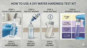 Diagram illustrating how to use a DIY water hardness test kit to measure mineral levels in home water.