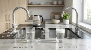 A side-by-side comparison showing the effects of hard water scale buildup versus the clarity of softened water on household fixtures.