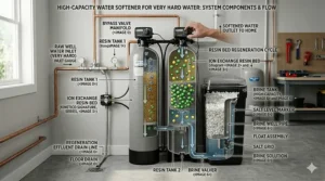 Labeled diagram of a water softener designed for high-mineral-content private wells.