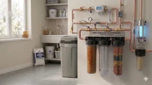 An infographic showing the long-term cost savings on soap, energy, and plumbing repairs after installing a 32000 grain water softener.