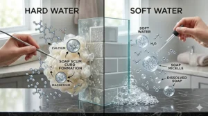 Diagram showing how calcium and magnesium in hard water create soap scum curd.