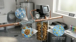 Diagram showing the ion exchange process where resin beads swap calcium ions for sodium to soften water.
