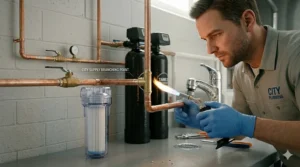 Technical drawing of a water softener unit connected to a main city water shut-off valve.