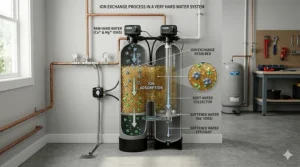 Illustration of the ion exchange process replacing calcium ions with sodium in a water softener.