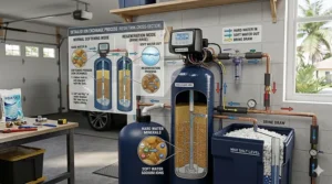 Diagram of the ion exchange process inside a 48,000 grain water softener resin tank.