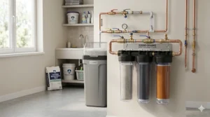 A detailed technical diagram showing the ion exchange process inside a 32000 grain water softener resin tank.