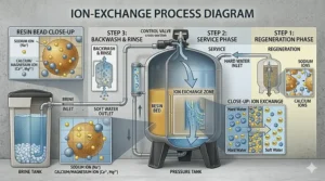 Technical illustration of the ion exchange process inside a water softener tank to fix hard water.