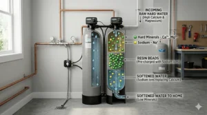 Cross-section of plumbing pipes clogged with calcium deposits from very hard water.