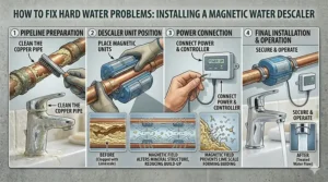 Illustration of a magnetic or electronic water descaler wrapped around a copper pipe to treat hard water minerals.