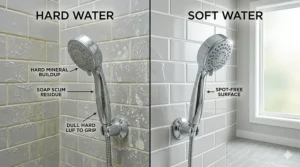 Close-up of clean bathroom tiles protected from soap scum by a water softening system.