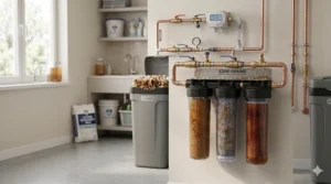 An illustration showing how a 32000 grain water softener protects household appliances like dishwashers and water heaters from limescale damage.