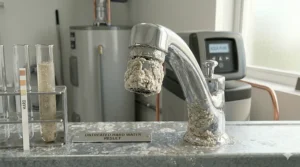 Detailed illustration of white mineral deposits on a kitchen faucet caused by hard water minerals.