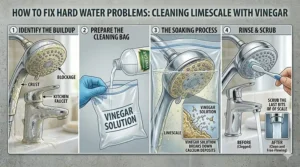 Graphic showing how to fix hard water problems on showerheads using a vinegar soak to dissolve calcium deposits.