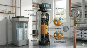 A technical illustration of the ion exchange process in a salt-based water softener showing resin beads removing calcium and magnesium.