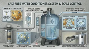 Illustration of a salt-free water conditioner system installed on a main water line to prevent scale buildup.