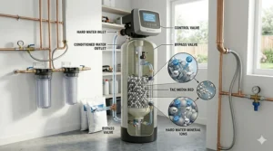 A detailed illustration of a salt-free water conditioner system highlighting Template Assisted Crystallization (TAC) technology.