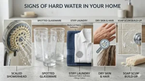 Illustration showing common signs of hard water including spotted glassware, stiff laundry, and dry skin.