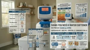 Visual icons of limescale buildup and soap scum indicating the need for a properly sized water softener.