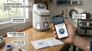 Illustration of a smartphone syncing with a water softener via Bluetooth for easy digital configuration.