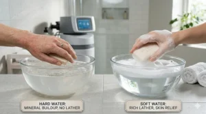 Side-by-side comparison of poor soap lather in hard water versus rich bubbles in soft water.