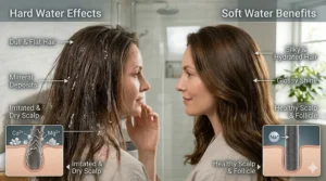 Illustration of smooth hair cuticles and a hydrated scalp after installing a water softener.