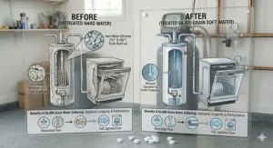 Graphic showing how a 64,000-grain water softener protects dishwashers and water heaters from mineral damage.