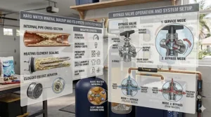Close-up illustration of a standard bypass valve on a 48,000 grain water softener system.