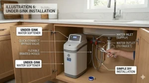 Diagram of an under-sink water softener being installed with basic hand tools for beginners.