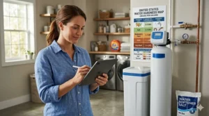 A color-coded map showing water hardness levels measured in grains per gallon (GPG) for calculator input.