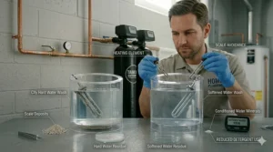 Graphic showing how soft water extends the life of city home appliances like dishwashers.